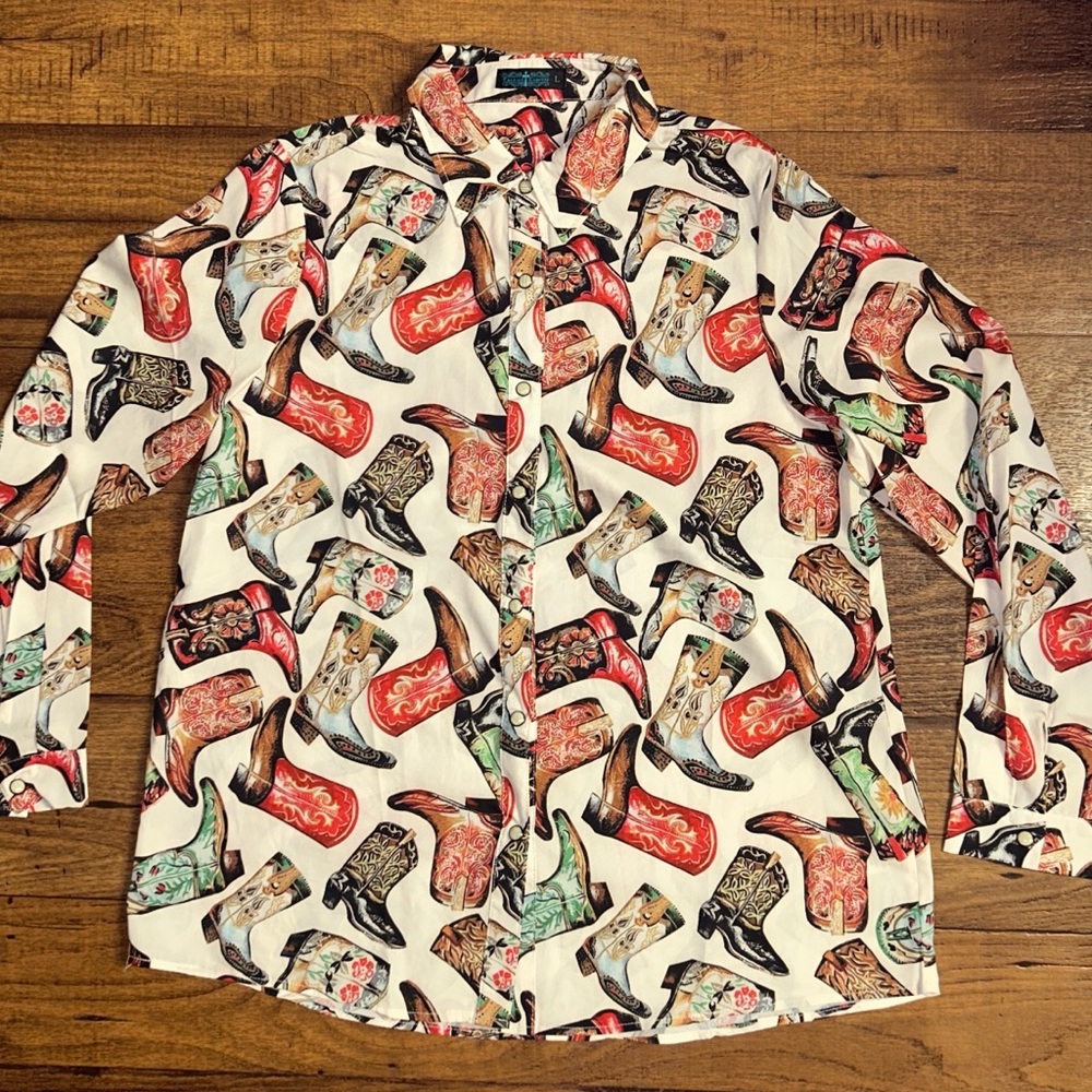 Fashion Express ~ Large ~ Western ~ Multi-Colors Cowboy Boot Print Shirt